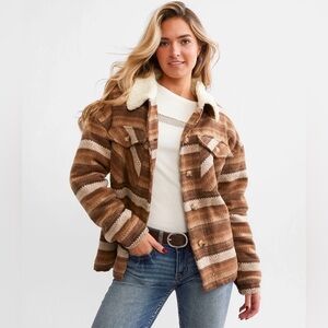 BKE Buckle Sherpa Striped Brown Shacket XL Button Up